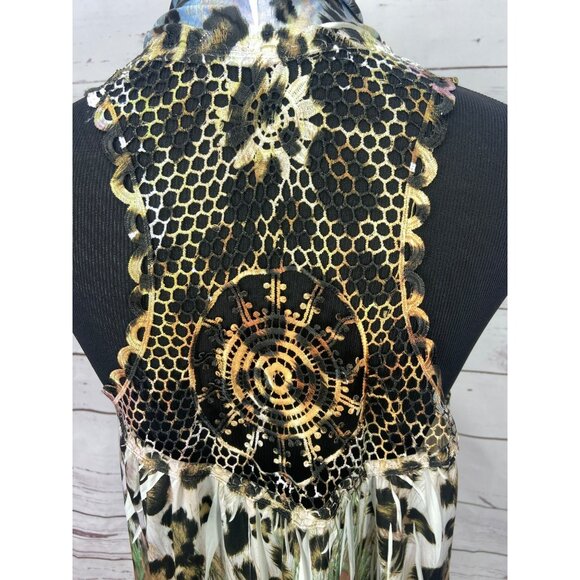 Reina Peacock & Animal Print Sleeveless Cardigan‎ Open Knit Detail Size Large - Picture 9 of 13